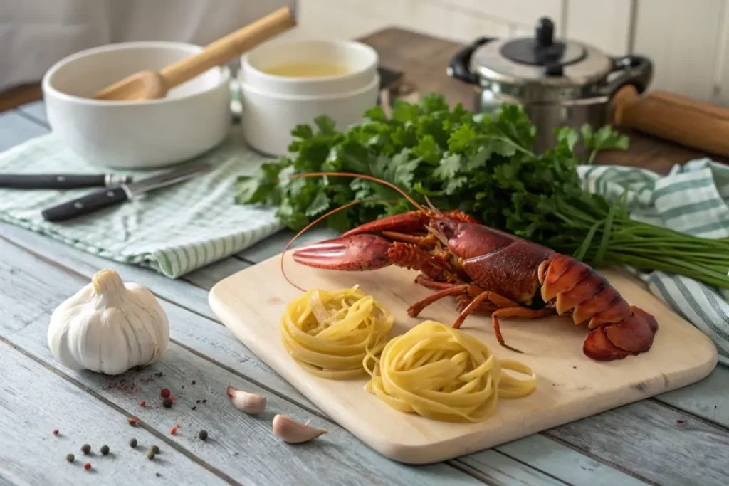 Fresh lobster and pasta ingredients