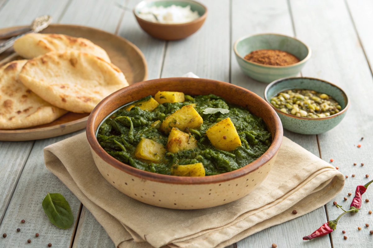 Saag Aloo served with naan bread.