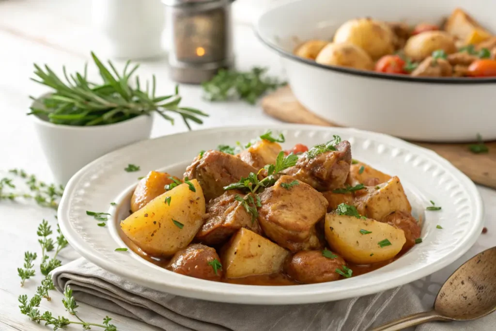 Cooked crock pot meal potatoes and meat