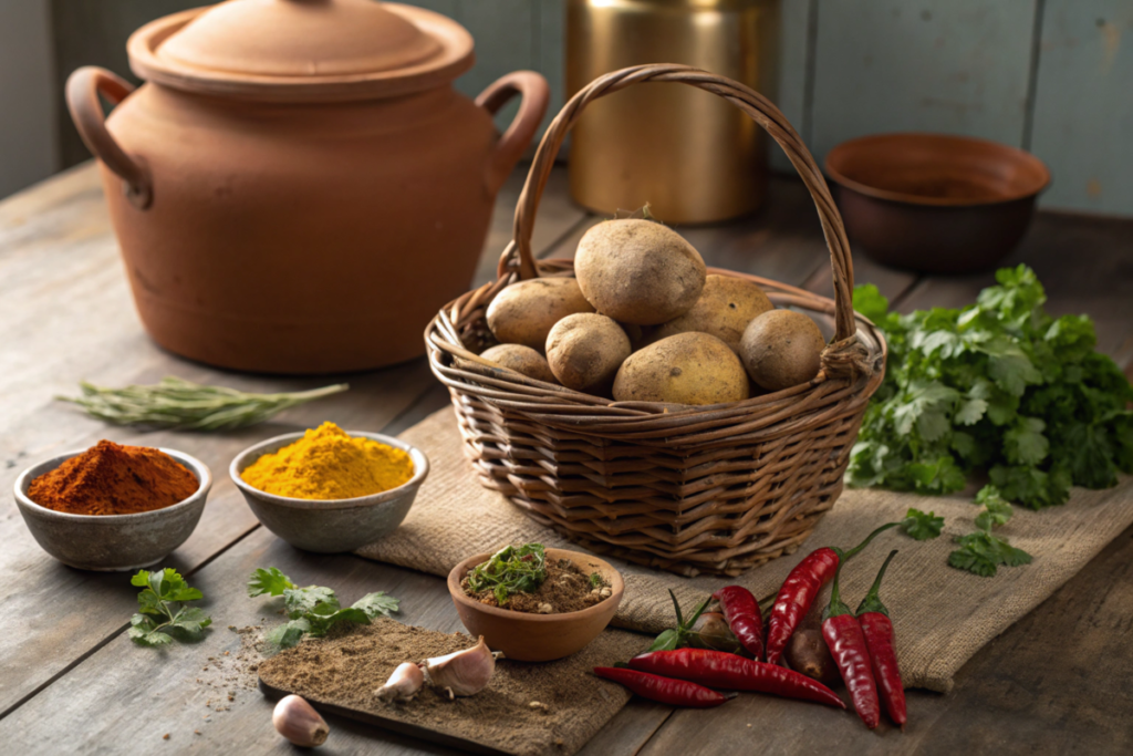 A vibrant table showcasing various iconic Indian potato dishes like dum aloo, batata vada, and aloo paratha, served with traditional accompaniments like naan, chutneys, and basmati rice.