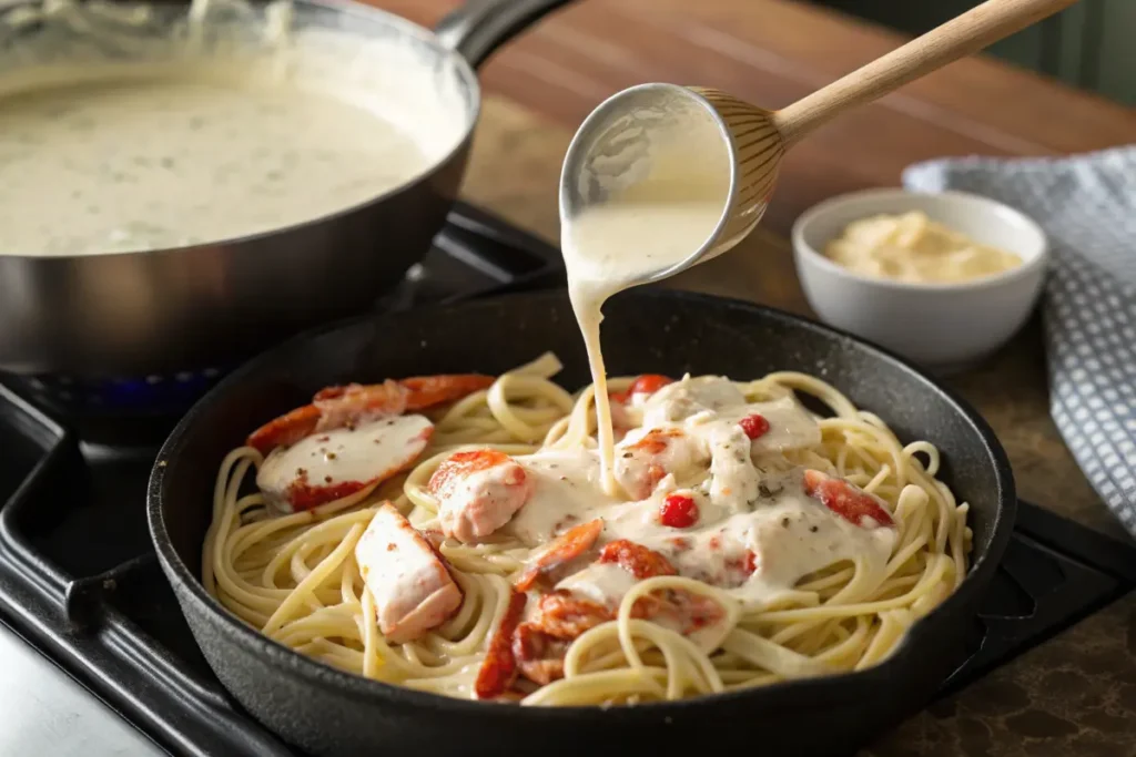 Lobster Alfredo Linguine preparation