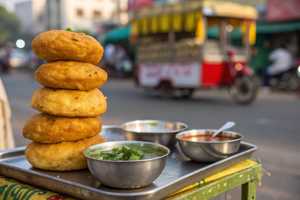 A tray of batata vadas with chutneys on the side, set against the backdrop of a bustling Indian street food stall