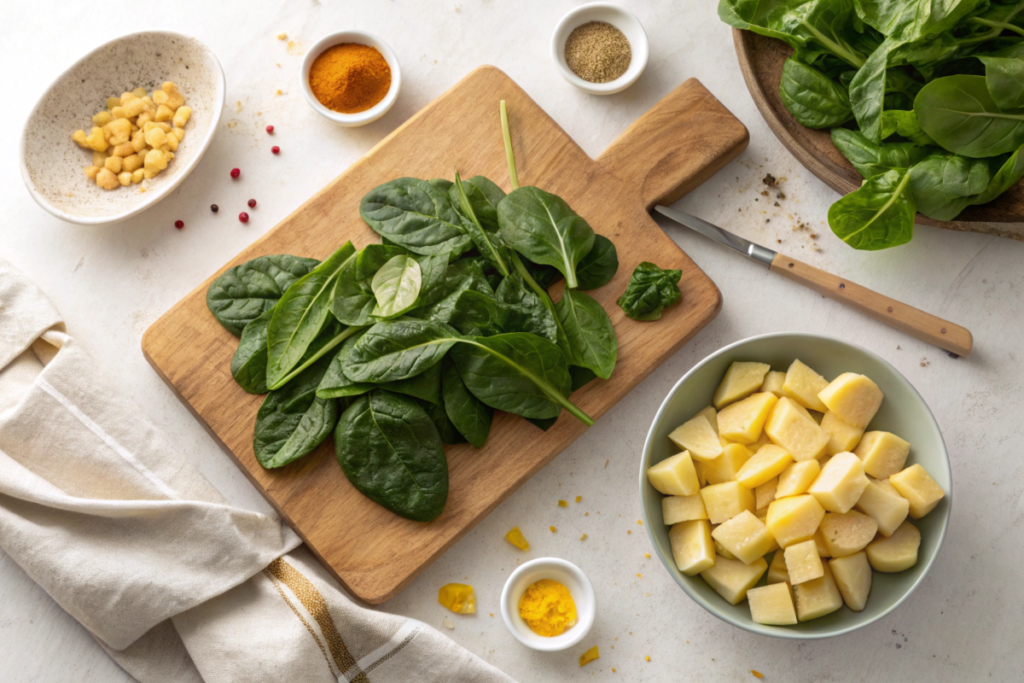 Fresh spinach and potatoes prepared for Saag Aloo.