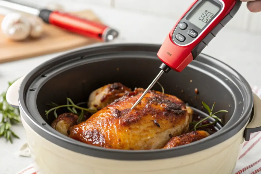 Meat thermometer checking chicken temperature