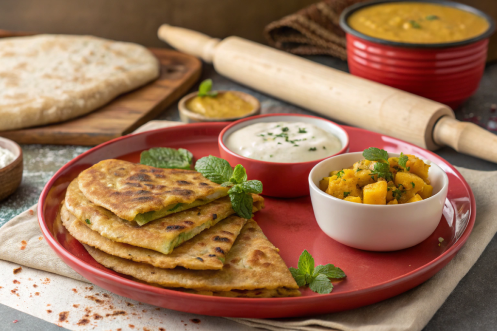 vibrant platter featuring aloo paratha with gold.