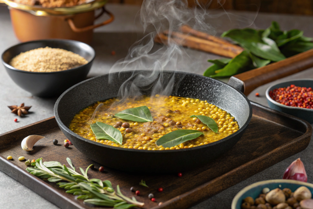 Mustard seeds and cumin sizzling in a skillet with curry leaves and garlic cloves, emitting aromatic steam.