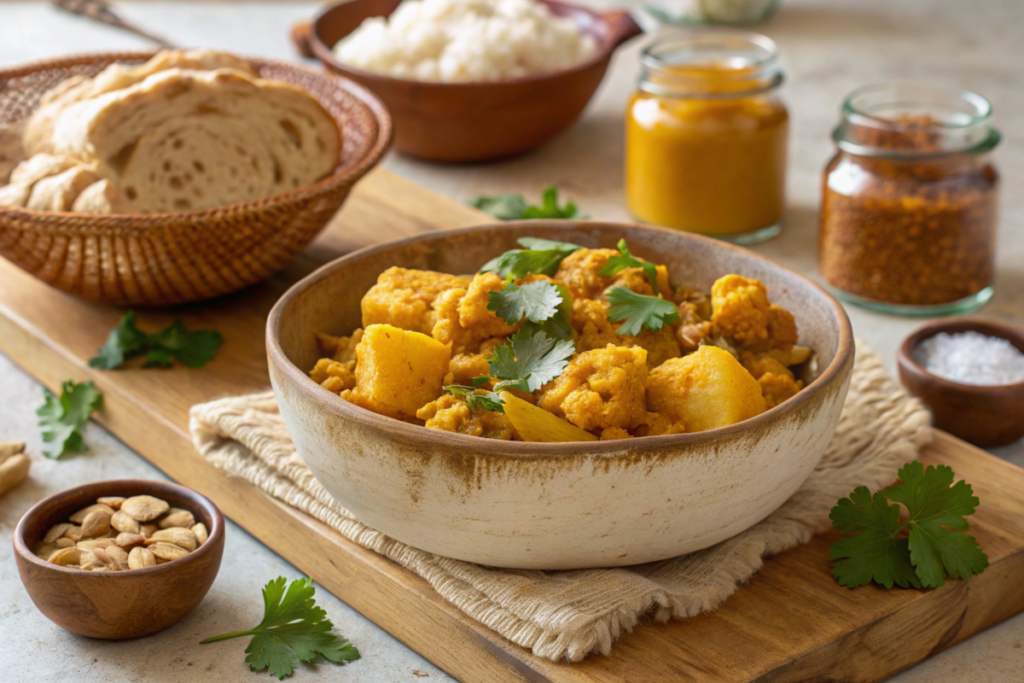 A colorful table featuring a variety of Indian potato dishes including Aloo Gobi, Jeera Aloo, Dum Aloo, Aloo Paratha, and Bombay Potatoes served with naan, rice, and chutneys.