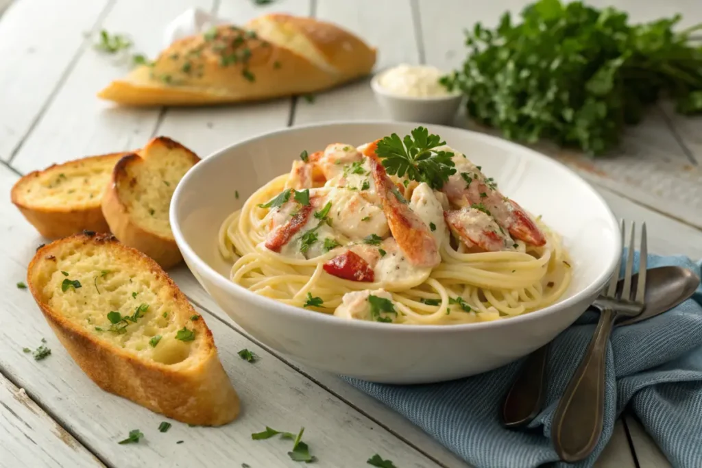 Lobster pasta with garlic bread