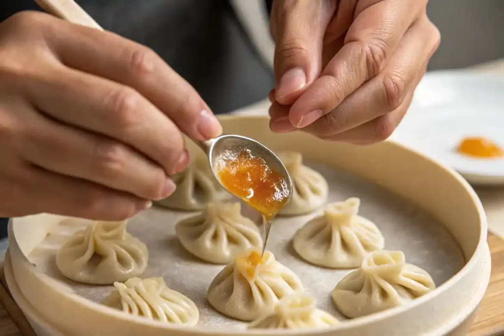 Hands pleating a vegan soup dumpling