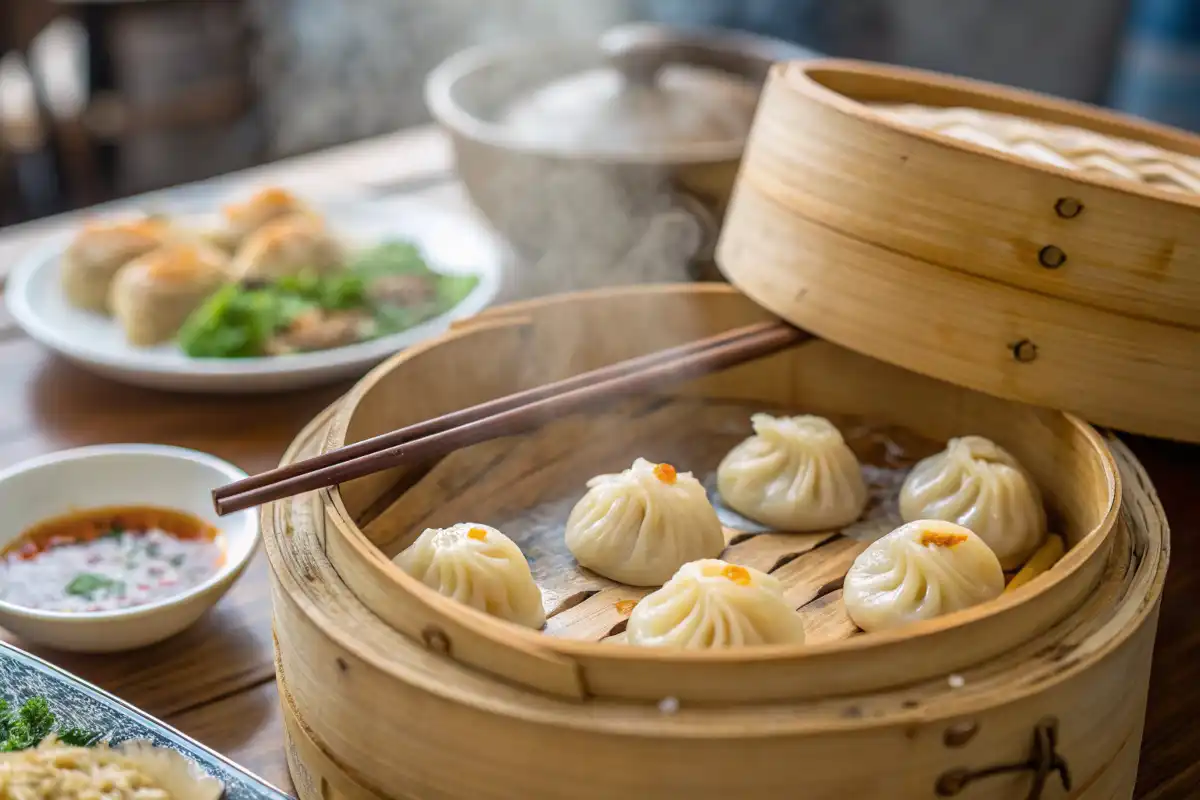 Steaming bamboo basket of xialongbao soup dumplings in a Japanese restaurant.