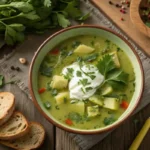 A comforting bowl of benignis potota soup with herbs and cream.