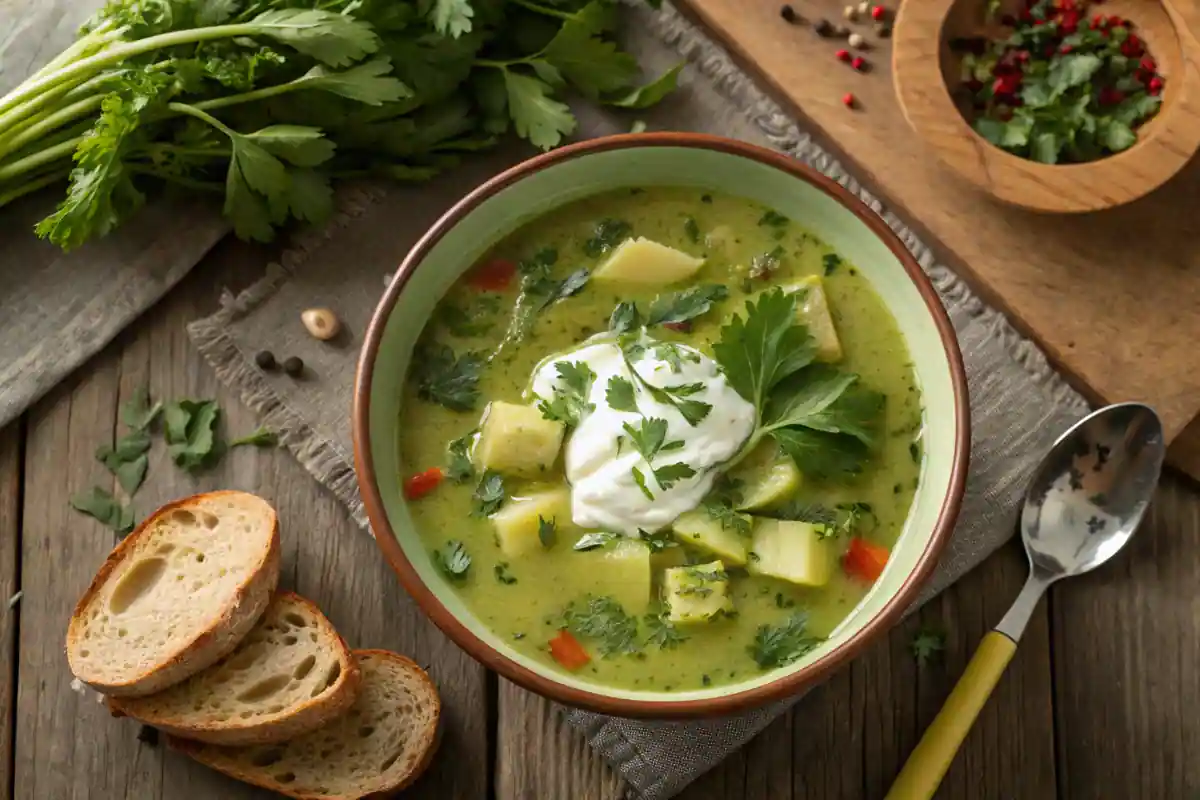 A comforting bowl of benignis potota soup with herbs and cream.