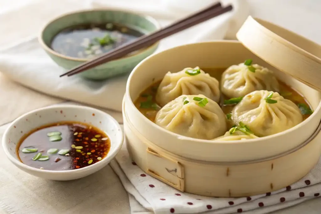 Bowl of vegan soup dumplings with dipping sauce.