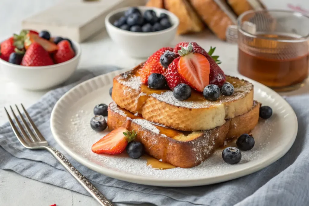 Brioche French toast with fresh berries, powdered sugar, and syrup.