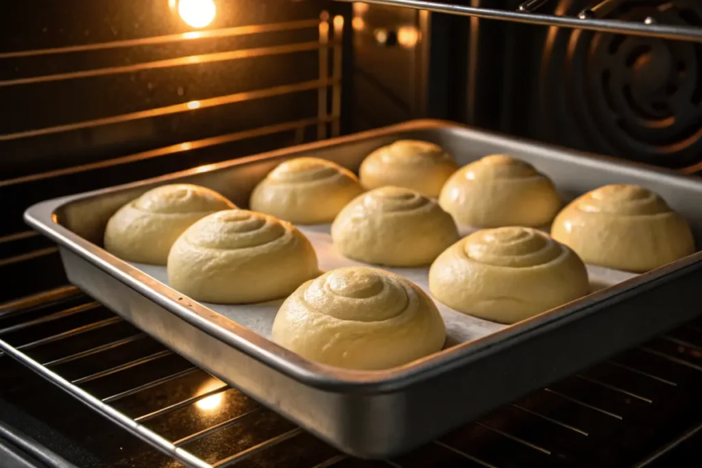 Brioche rolls rising in a warm oven.