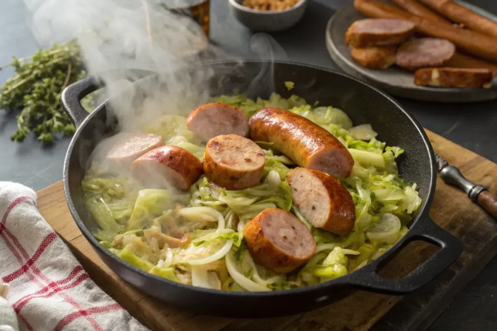 Cabbage and sausage cooking in a skillet with steam rising.