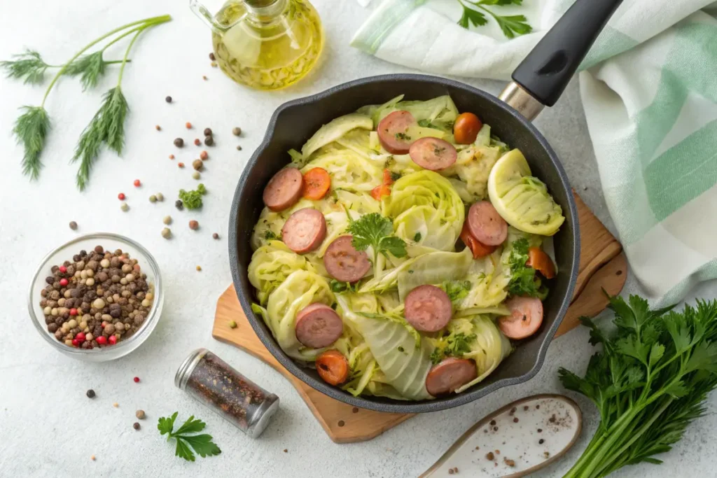 Skillet of cooked cabbage and sausage with fresh herbs