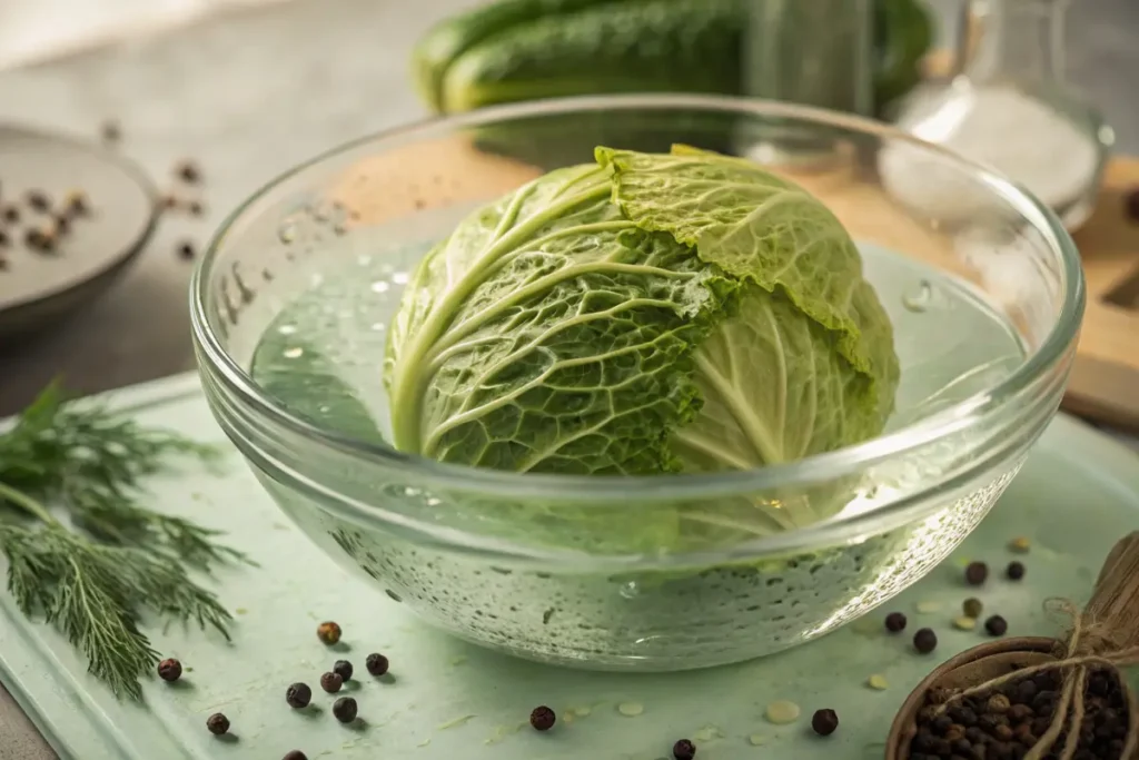 Fresh green cabbage soaking in a bowl of water