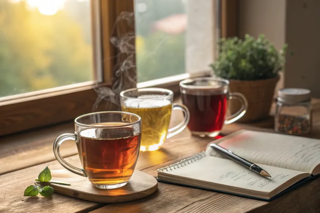 Herbal teas, journal, and pen to promote relaxation before sleep.