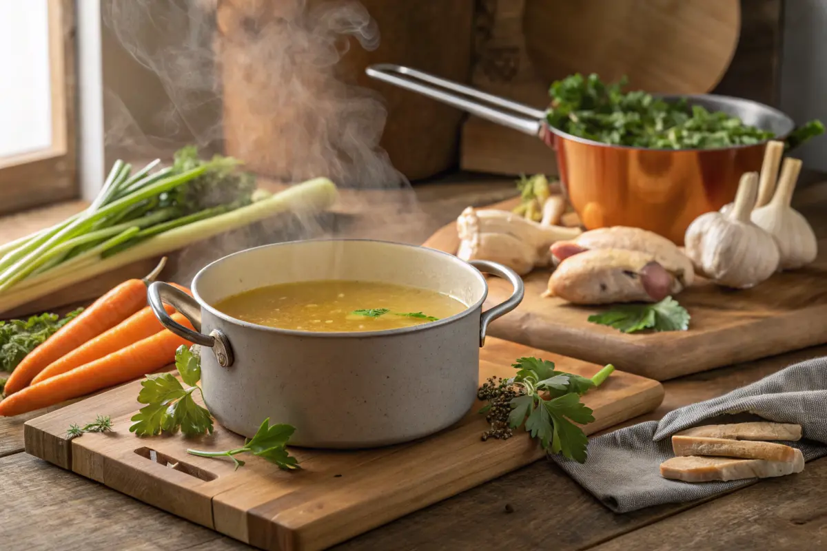 Steaming pot of chicken bone broth with fresh herbs and vegetables.