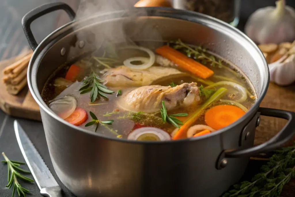 Simmering pot of chicken bone broth with fresh ingredients.