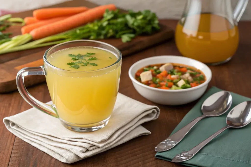 Chicken bone broth served alongside vegetable soup in a vibrant setting.