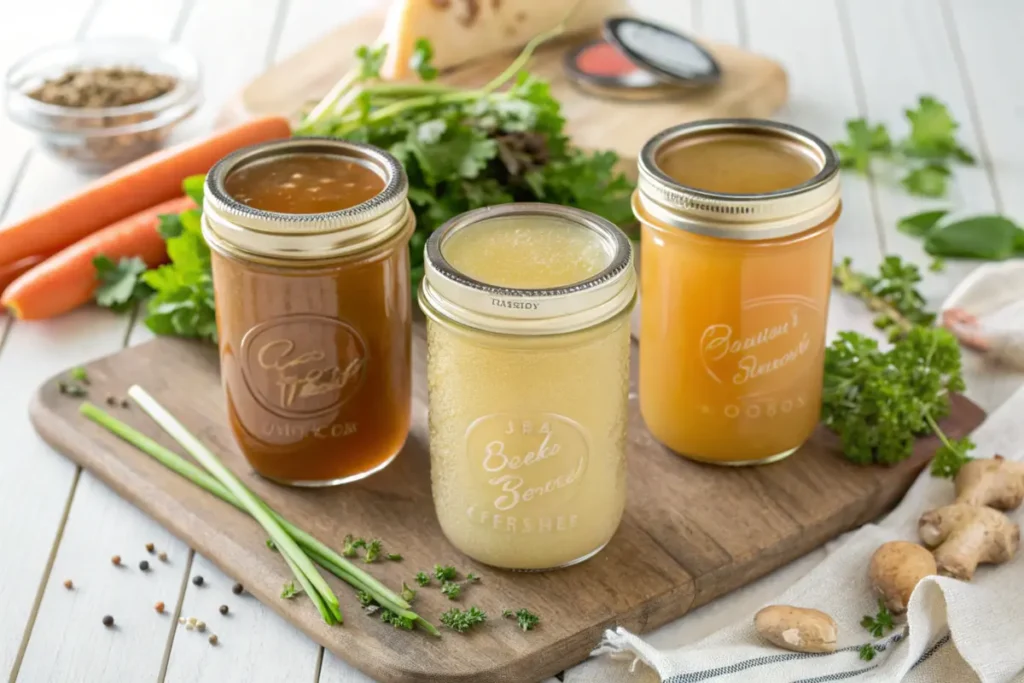 Three jars showing chicken broth, stock, and bone broth with fresh ingredients.