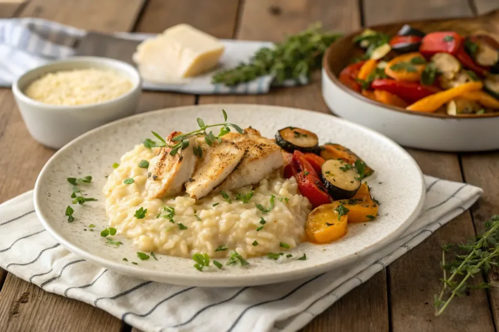 A creamy chicken risotto made with chicken stock, served with roasted vegetables.