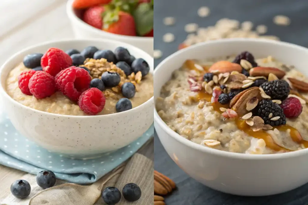 Split image of unhealthy vs healthy oatmeal bowl.