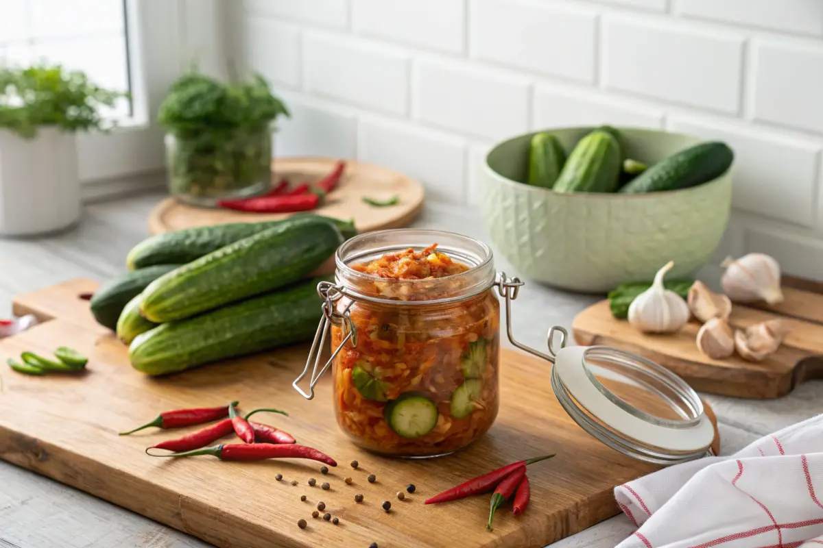 Glass jar of cucumber kimchi surrounded by fresh ingredients.