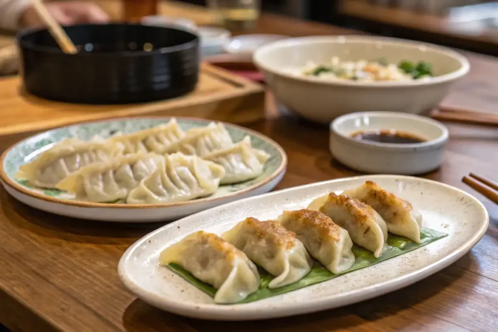 A variety of gyoza, a common Japanese dumpling, served in different cooking methods, sui, yaki and age.