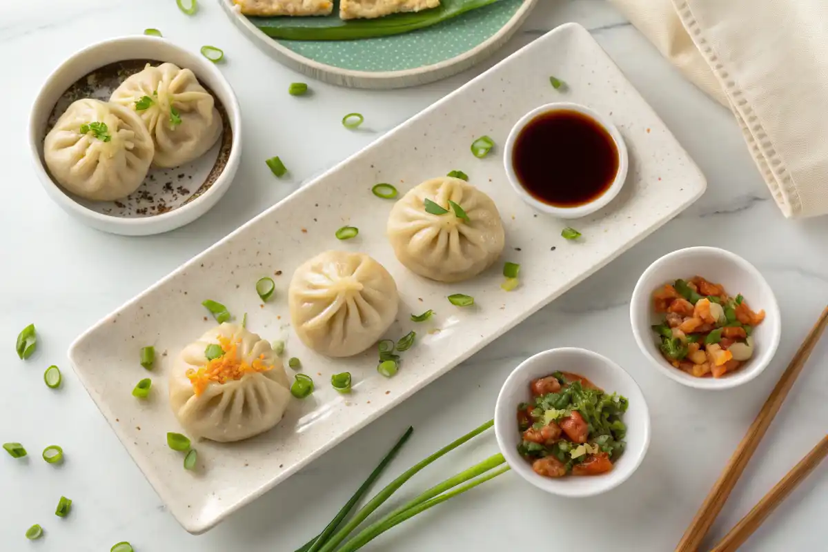 Overhead view of soup dumplings with vegetarian gelatin alternatives and dipping sauce