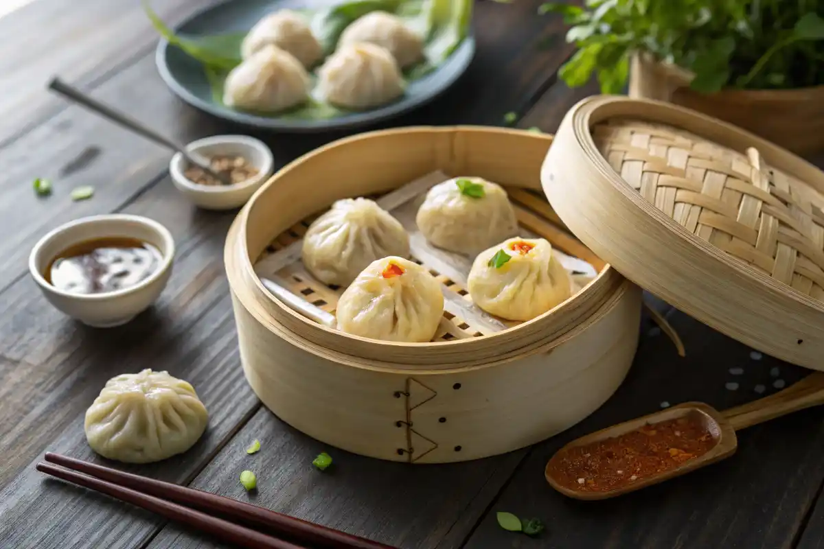 Steaming soup dumplings in a bamboo basket