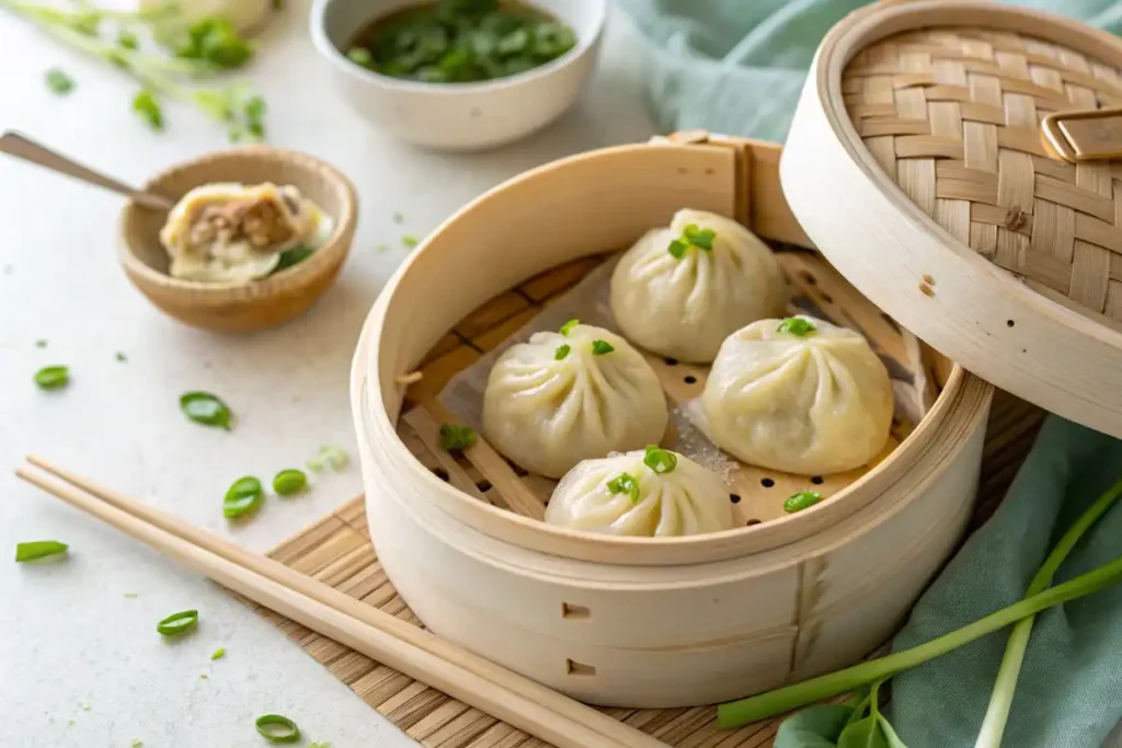 Steaming vegan soup dumplings in a bamboo basket