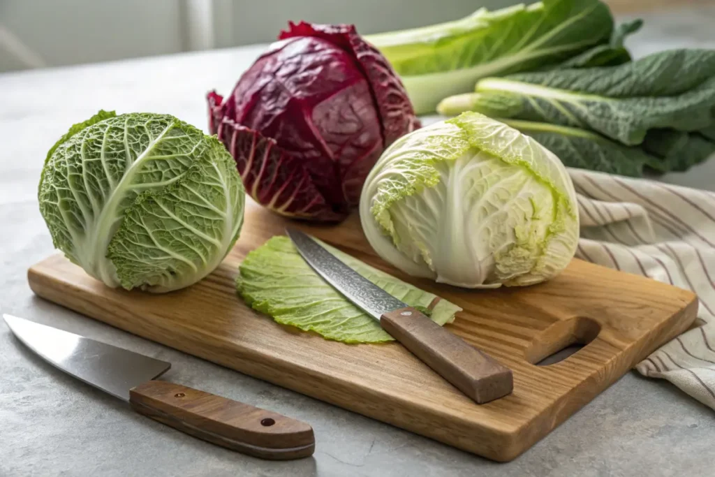 Variety of raw cabbages on a cutting board.