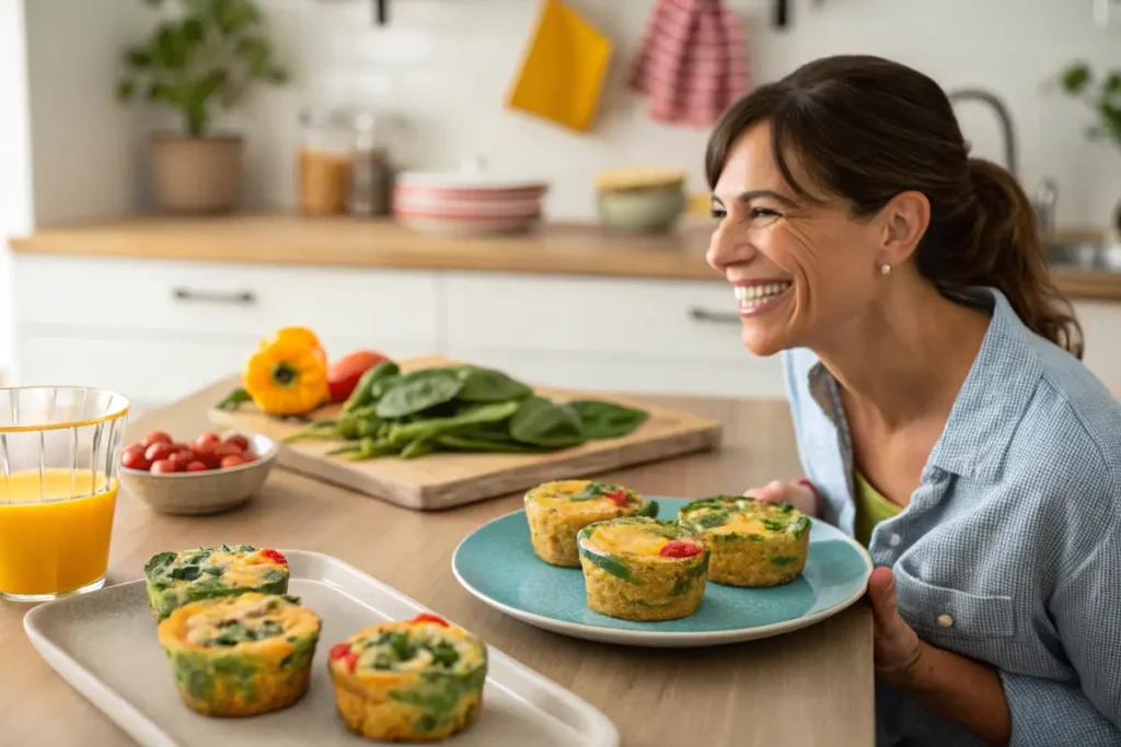 Woman enjoying egg muffins with vegetables