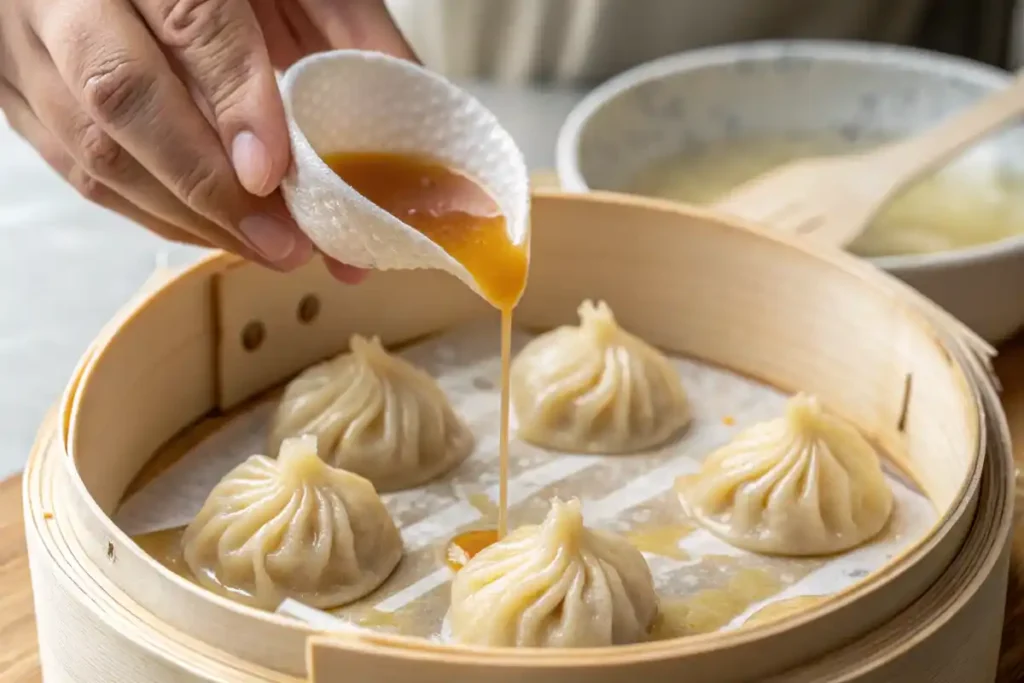 Pouring carrageenan based broth into a soup dumpling wrapper