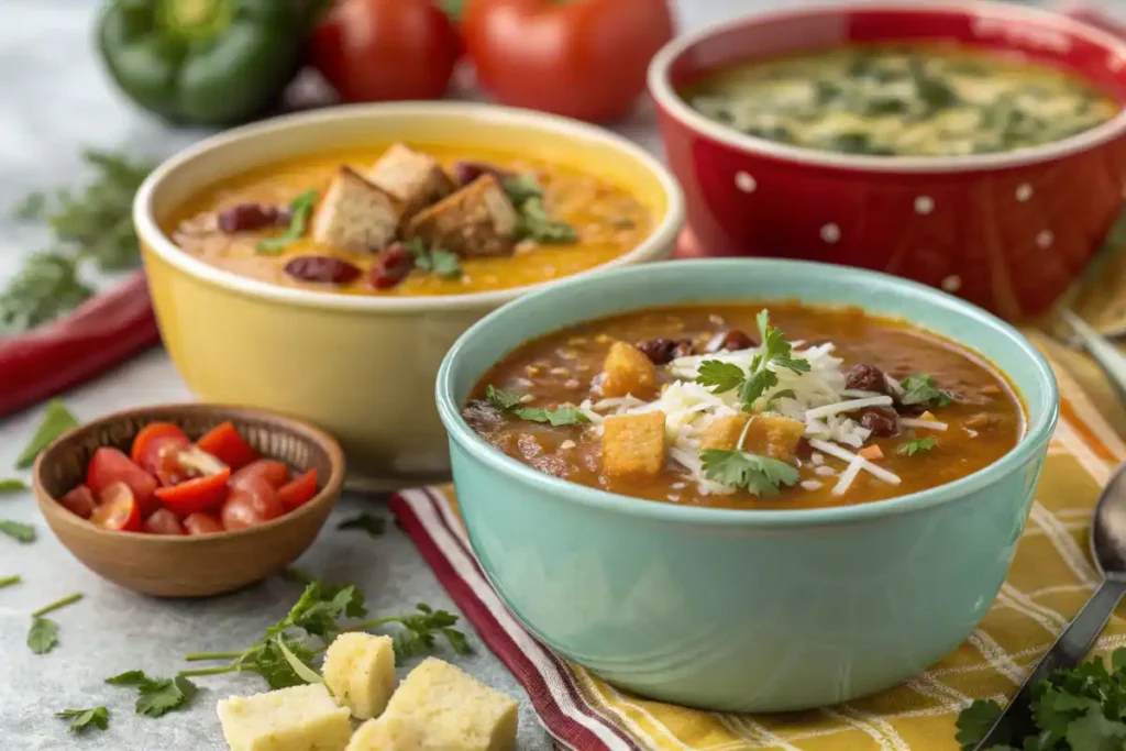 Various bowls of benignis potota soup with different toppings.