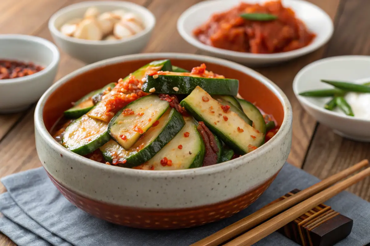 Freshly prepared cucumber kimchi in a ceramic bowl.