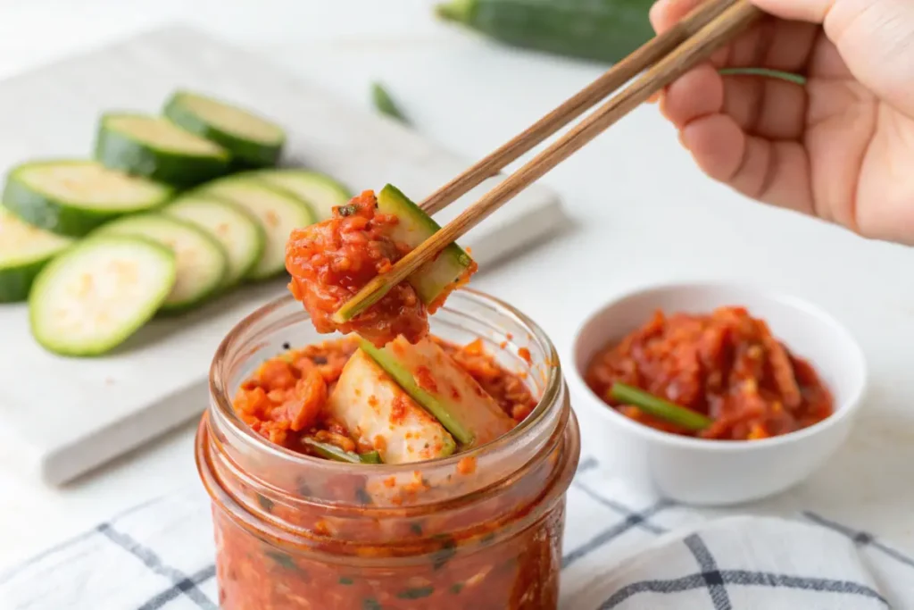 Close-up of cucumber kimchi being scooped with chopsticks.