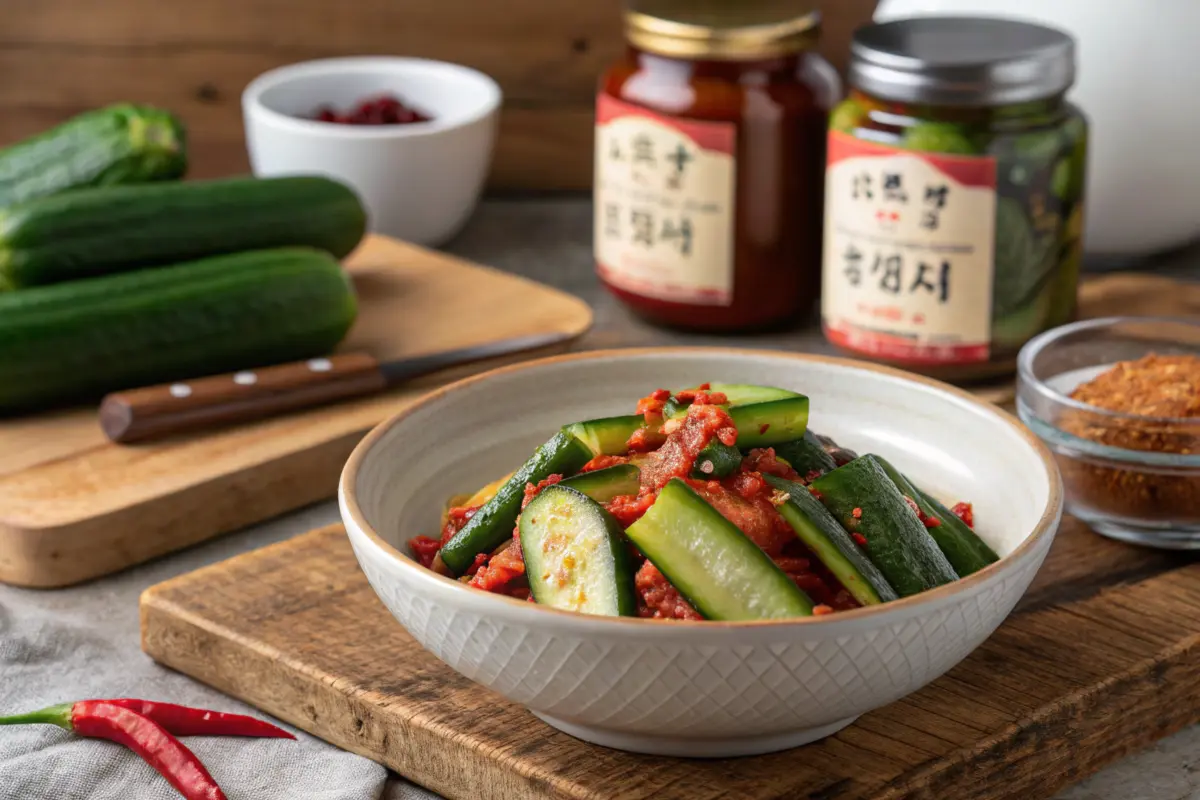 Freshly made cucumber kimchi in a traditional Korean kitchen.