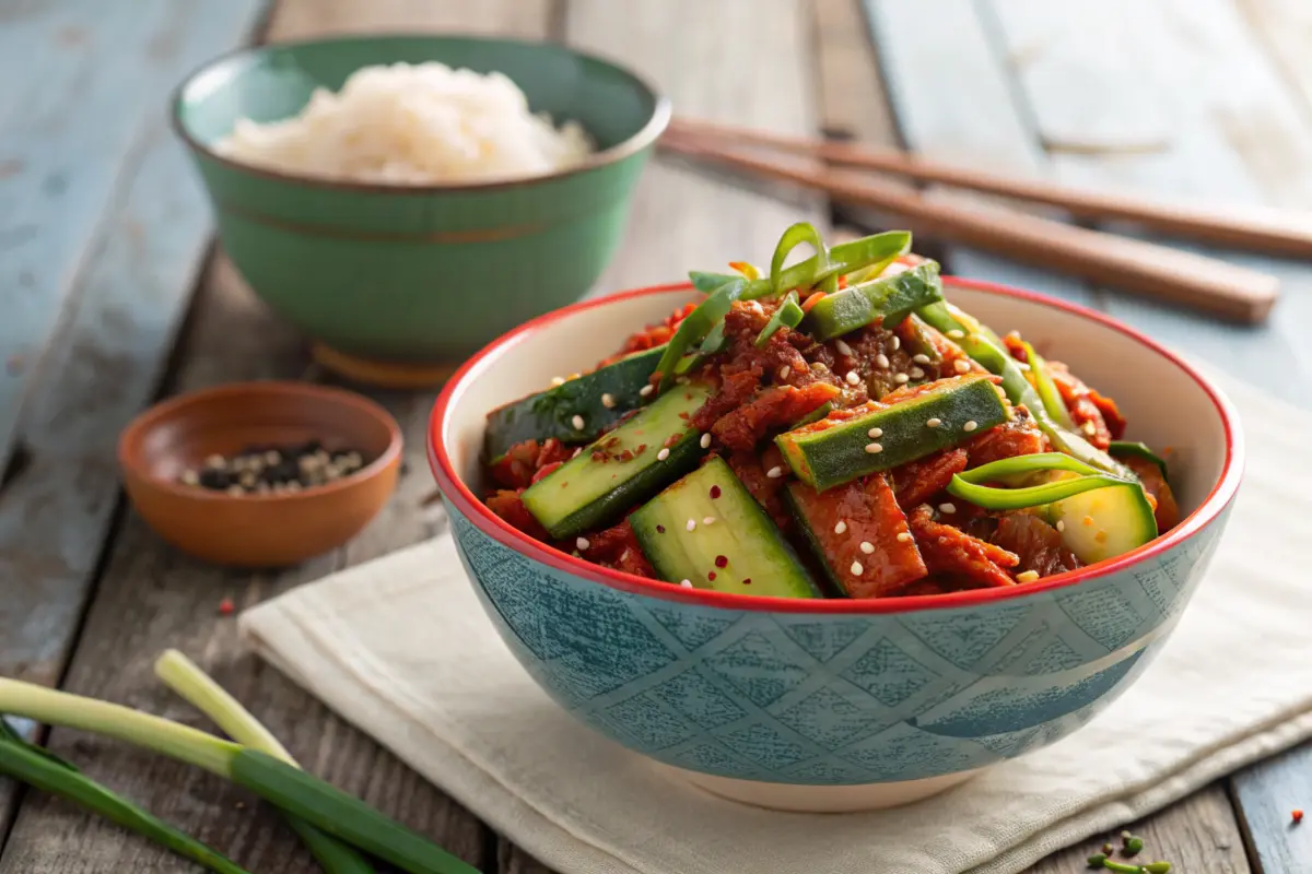 A bowl of fresh cucumber kimchi with traditional Korean garnish.