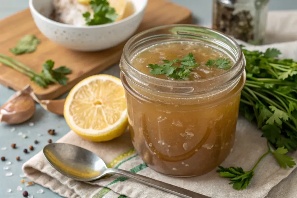 Close-up of a jar of freshly prepared meat broth with herbs and lemon.