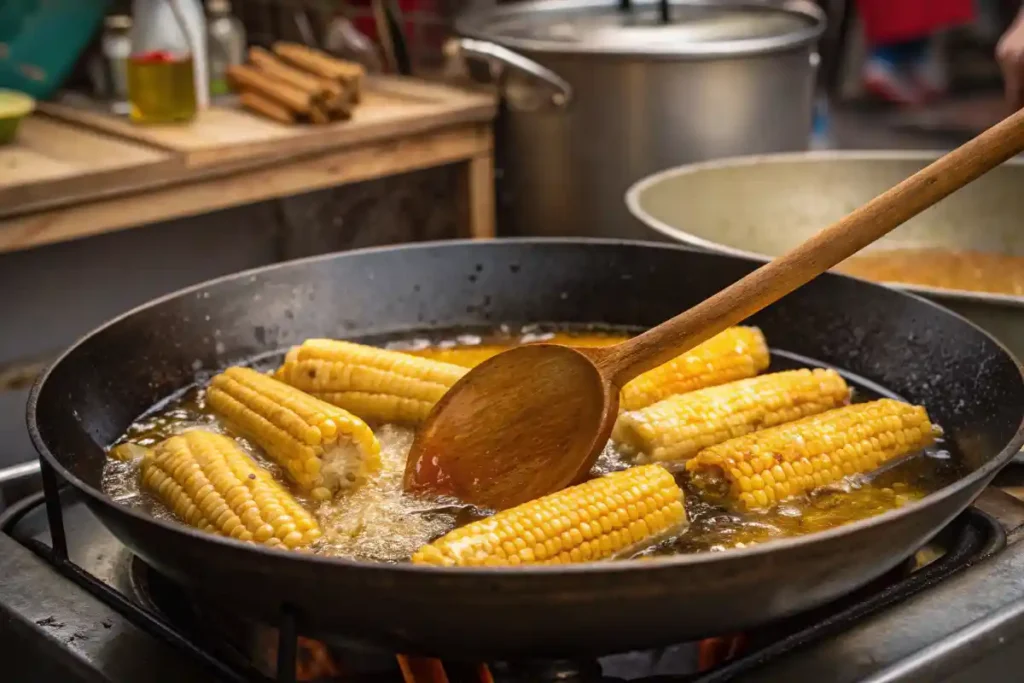 Corn being fried in hot oil