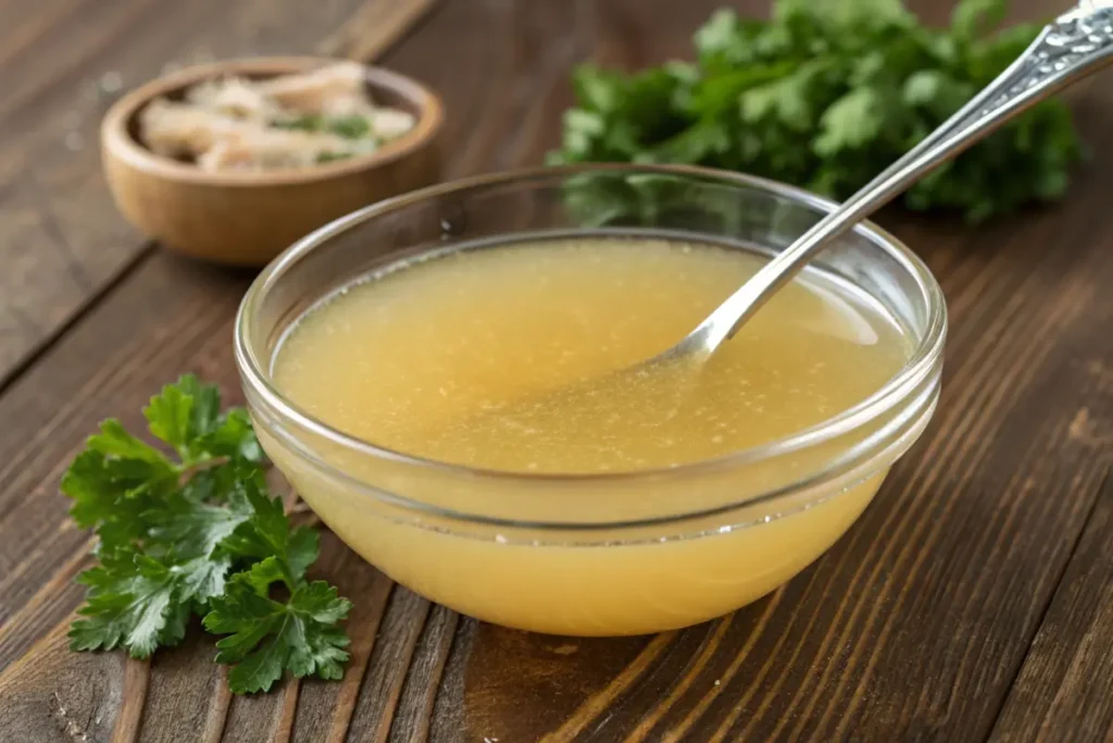 Gelled chicken bone broth in a glass bowl with a spoon.