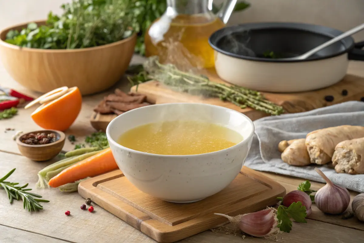 Steaming bowl of golden bone broth with fresh herbs in a rustic kitchen.