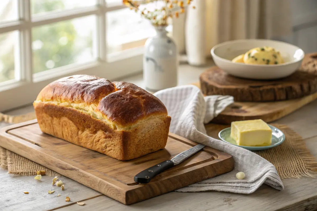 Golden-brown freshly baked brioche loaf on a wooden board.