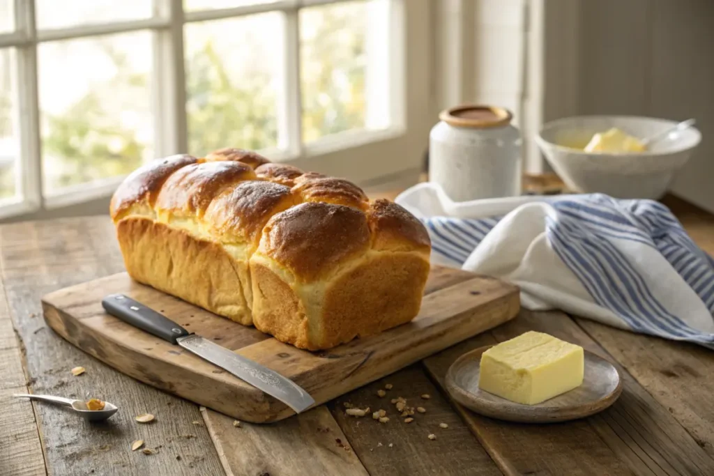 Freshly baked golden brioche loaf on a wooden table.