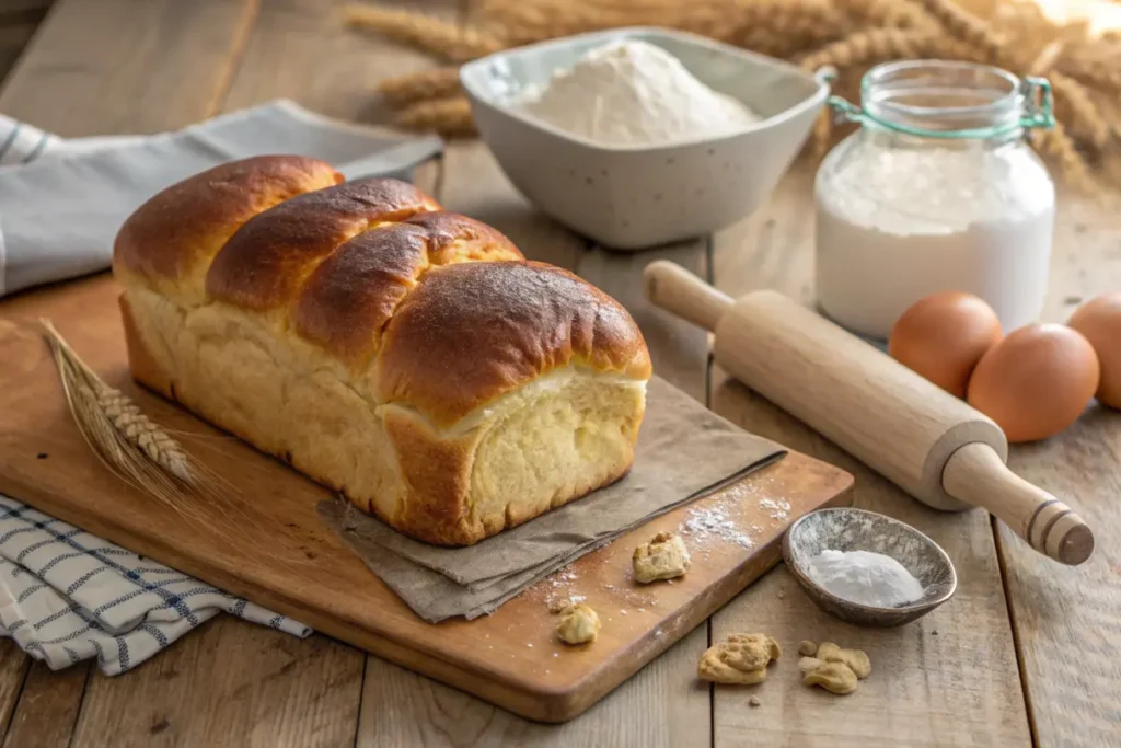 Freshly baked brioche loaf on a wooden table.