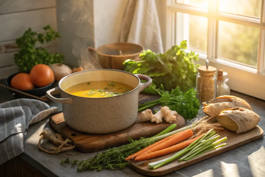 A rustic pot of golden chicken bone broth with herbs and vegetables.